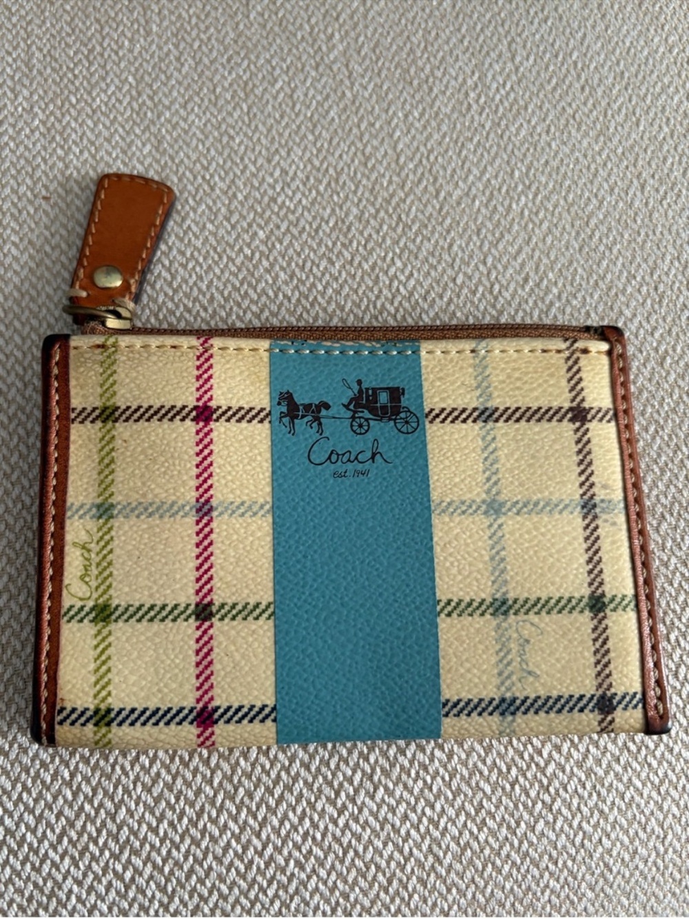 Rare Vintage Coach Cream Plaid Card Case with Blue Center Stripe